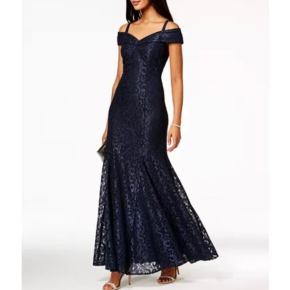 R & M RICHARDS‎ Womens Sz 6 PETITE Off-The-Shoulder Shimmer Lace Gown Navy Blue - Picture 2 of 13